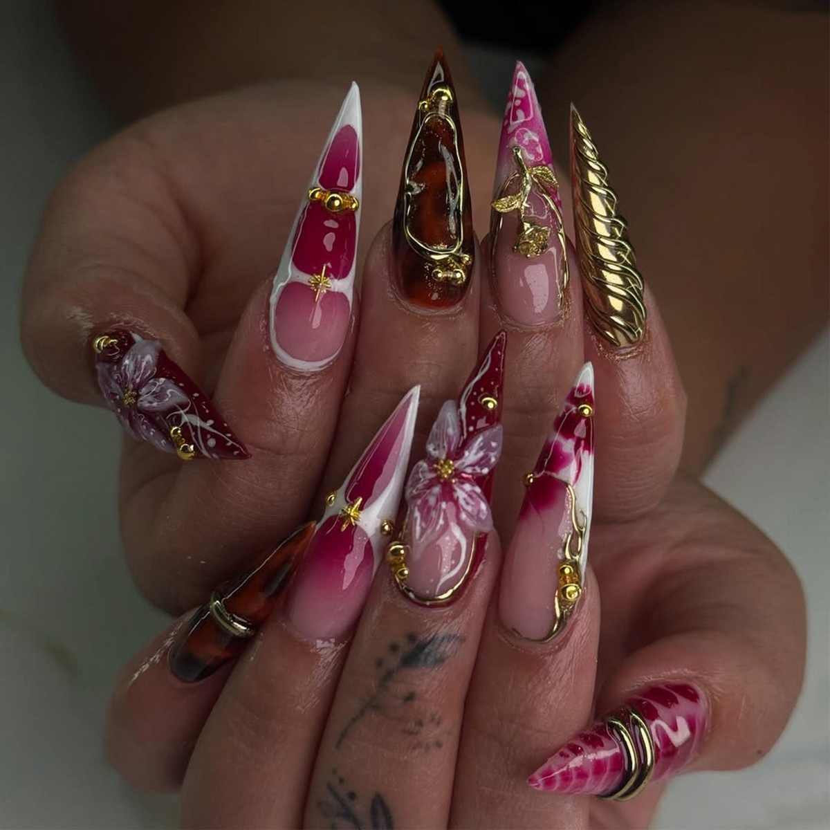 Crimson Gold Floral Press On Nails 3D Red Floral & Gold Nail Art Sculpted Jewel Accent Nails Handmade Elegant Press On Set