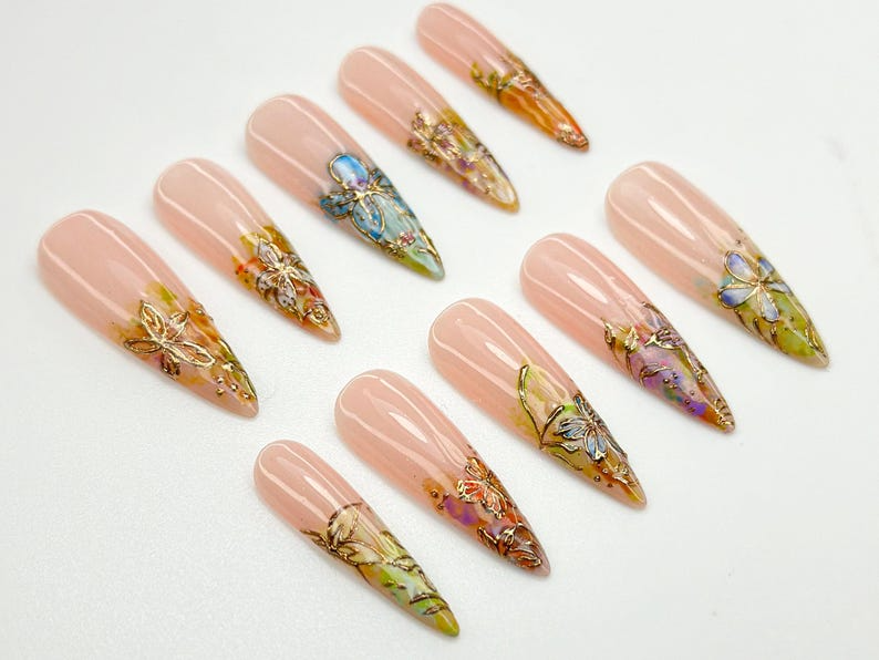 Gold Foil Floral Press On Nails Vintage Garden Nails Nude Gradient Floral Nails Long Press On Nails Botanical Press Ons OC773HC