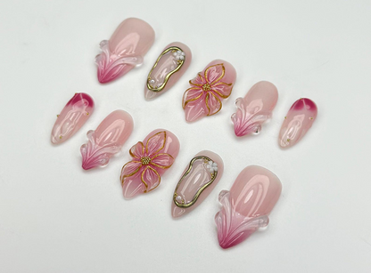 Blush Bloom Elegance Press On Nails 3D Floral Accents & Gold Details & Pink Ombre Press Ons Wedding Nails OC962H