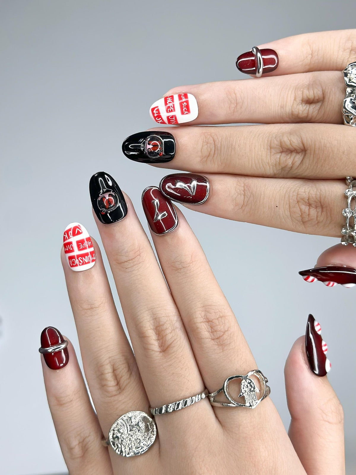 Kpop Inspired Arirang Spirit Nails, 7 Spirit Cupid Voyage Press Ons, Red White Silver 3D