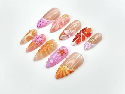 Tropical Summer Splash Press On Nails Cute Starfish & Shell Design Bright Sunset and Beach Theme Nails 3D Ocean Nail Art