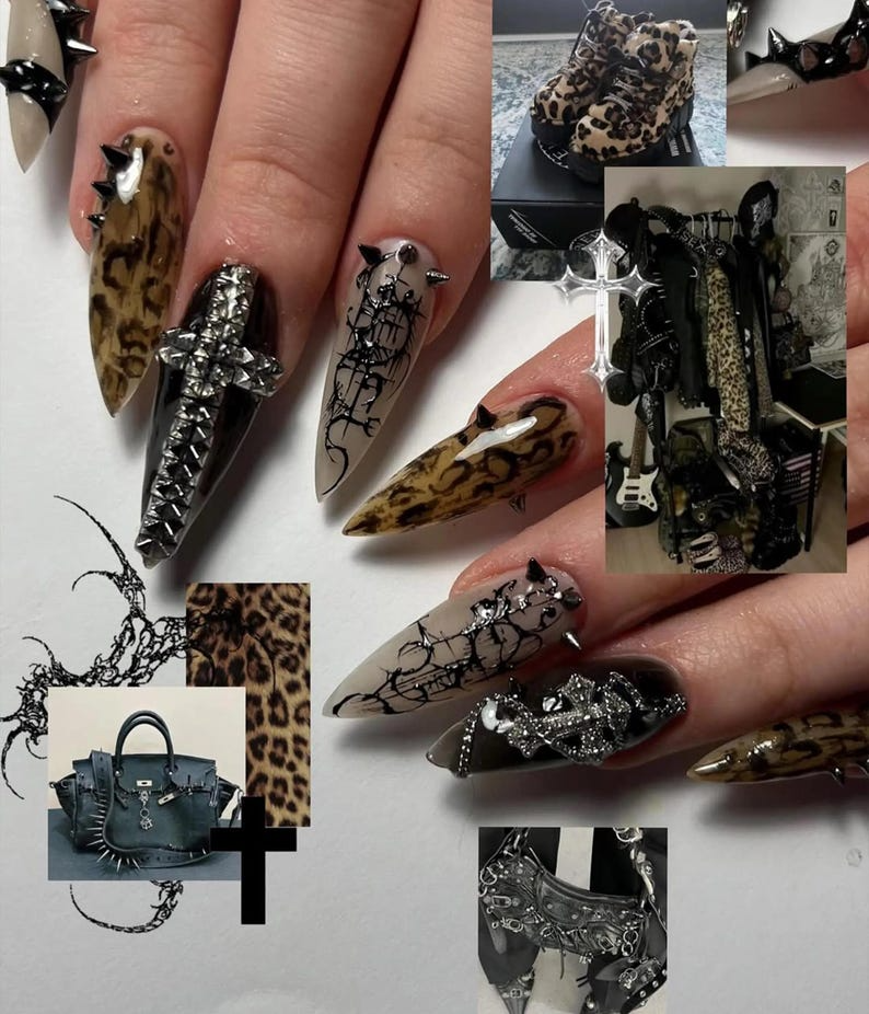 Gothic Punk Stiletto Press On Nails Leopard Chrome Nail Art Edgy Studded Nail Design Alt Fashion Black Nails