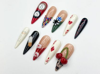 Casino Game Theme Press On Nails 3D Poker Dice & Martini Nails Vegas Party Press Ons Bold Handmade Nail| Vegas Nightlife Nail