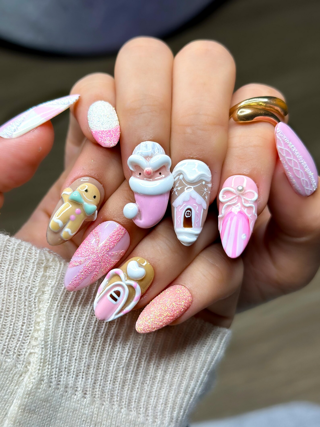 Pink Gingerbread Christmas Press On Nails Festive Holiday Nail Art 3D Santa & Candy Cane Nail Set Handmade Pink Winter Nails