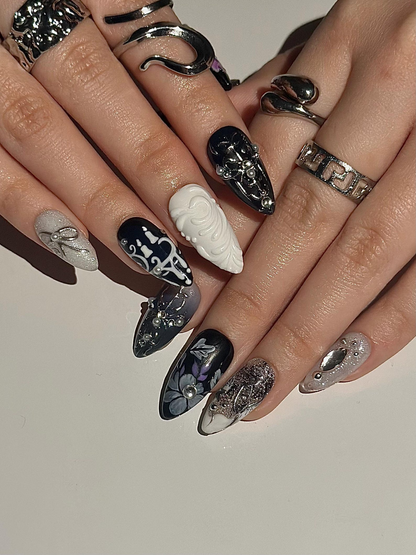 Gothic Violet Chrome Press On Nails Black Silver Luxury Nails 3D Baroque Floral Nails Dark