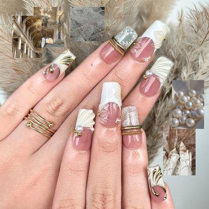 Royal Balletcore Press On Nails, Luxury Bridal Wedding Nails, Pearl French Tip Nails