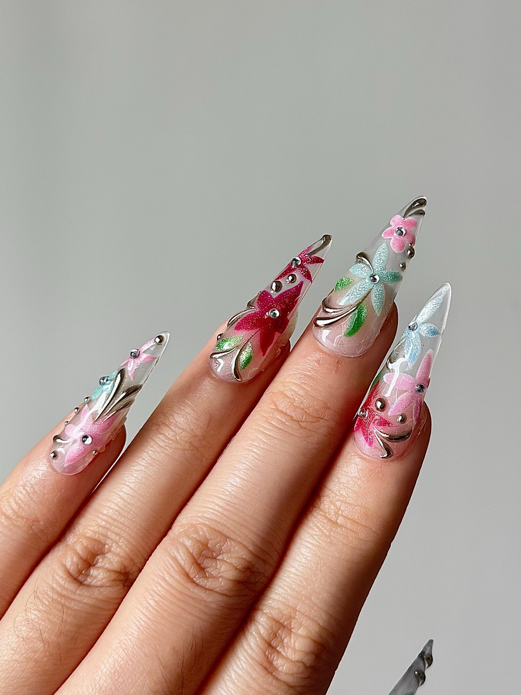Spring Glass Floral Press On Nails Hand Painted Flower Nails Pastel Stiletto Nails Elegant