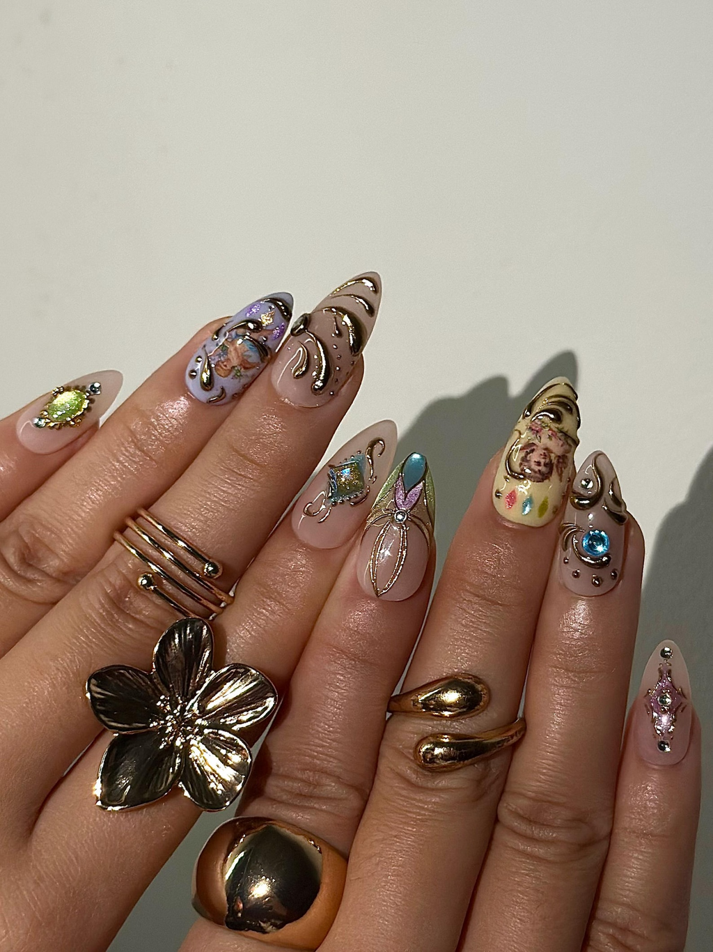 Baroque Angel Press On Nails for Vintage Lovers Angel Art Nude Nails Gold Scroll Luxury