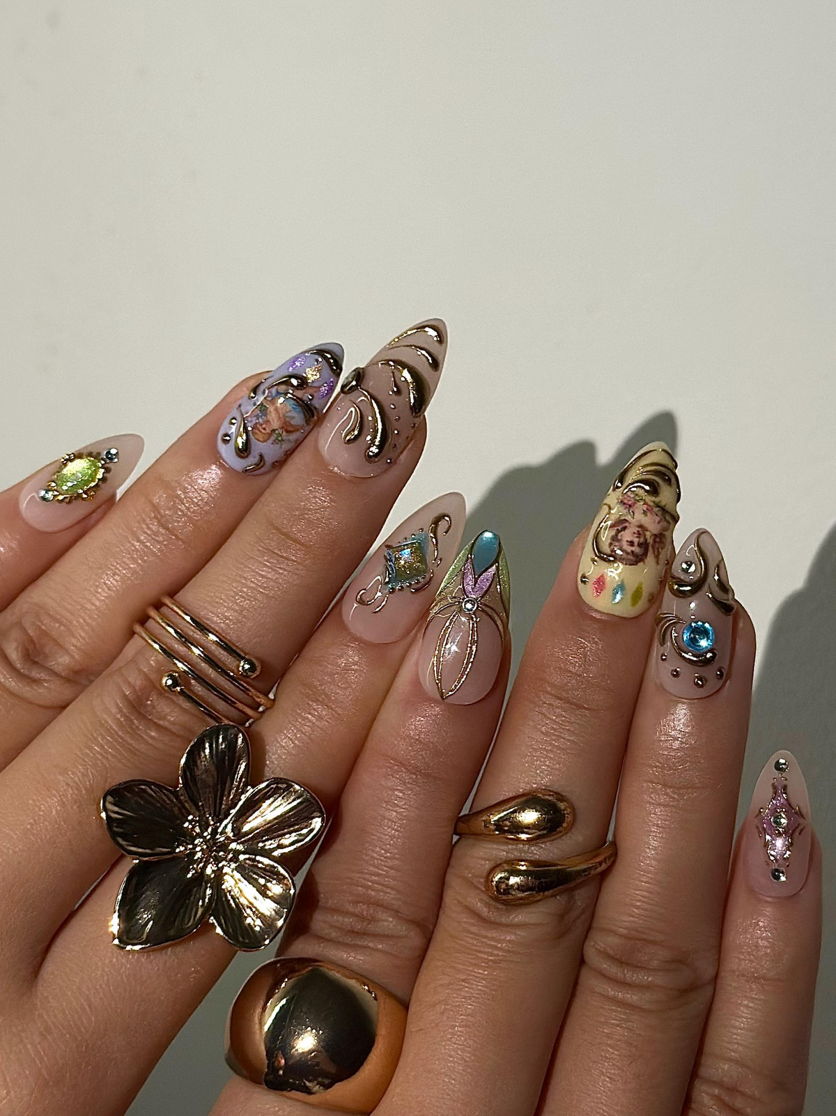 Baroque Angel Press On Nails for Vintage Lovers Angel Art Nude Nails Gold Scroll Luxury