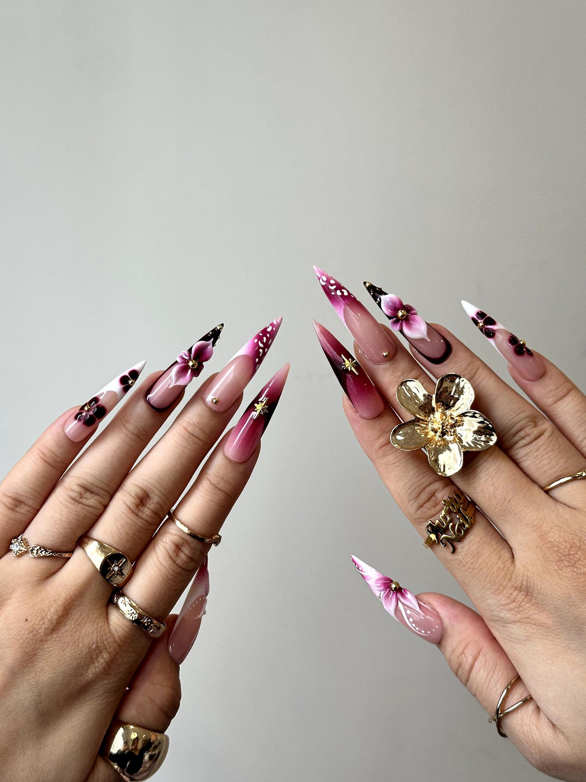 Elegant Floral Press On Nails 3D Floral Ombre Nails Burgundy & Pink Gradient Nail Art