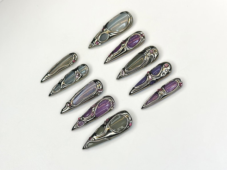 Futuristic Metallic Press On Nails Silver Frame Nail Art Gemstone Inspired Handmade Nails Gray & Purple Luxury Nail Set