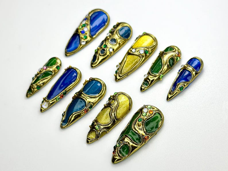 Luxury Gemstone Press On Nails Blue, Green & Amber Enamel Stones Detail Jewel-Encrusted Nail Set Gold Jewel Nail Art OB790HC
