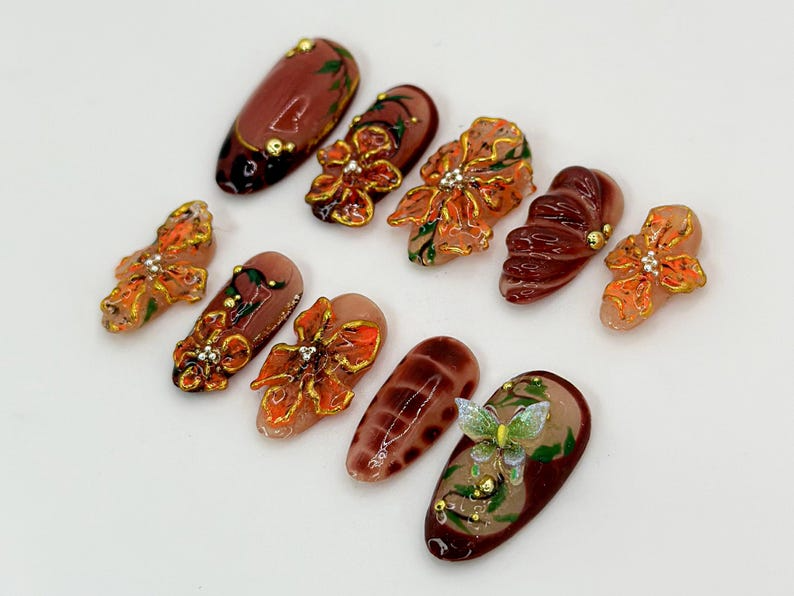 Custom Brown Floral Press-On Nails Fall Leaves Design Brown and Orange 3D Nail Art Custom Nail Design Autumn Elegance