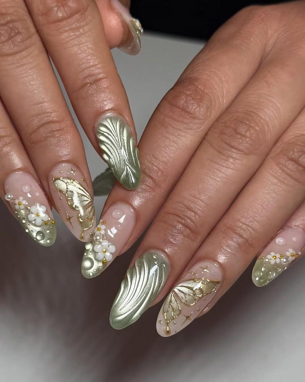 Jade Green Floral Press On Nails Elegant Floral Nail Art Zen Nature Press Ons Nude Floral Butterfly Nails Handmade 3D Nail OB781HC