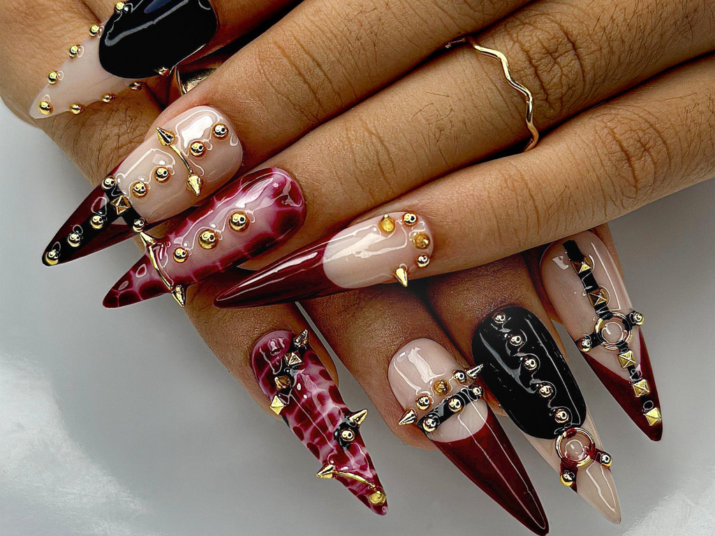 Gothic Punk Press On Nails Red Marble & Studded Spiked Nail Art Handmade Long Stiletto Nails