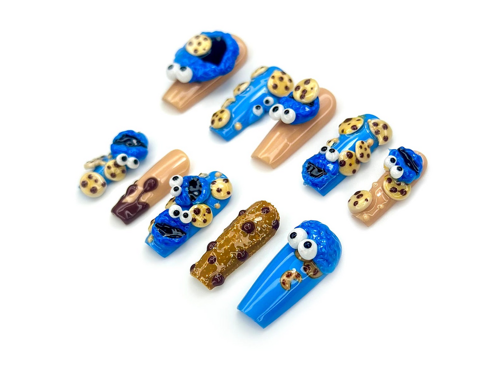 Cookie Monster Press On Nails 3D Cookie & Monster Nail Art Funny Blue Cartoon Nail Set Handmade Pop Culture Nails
