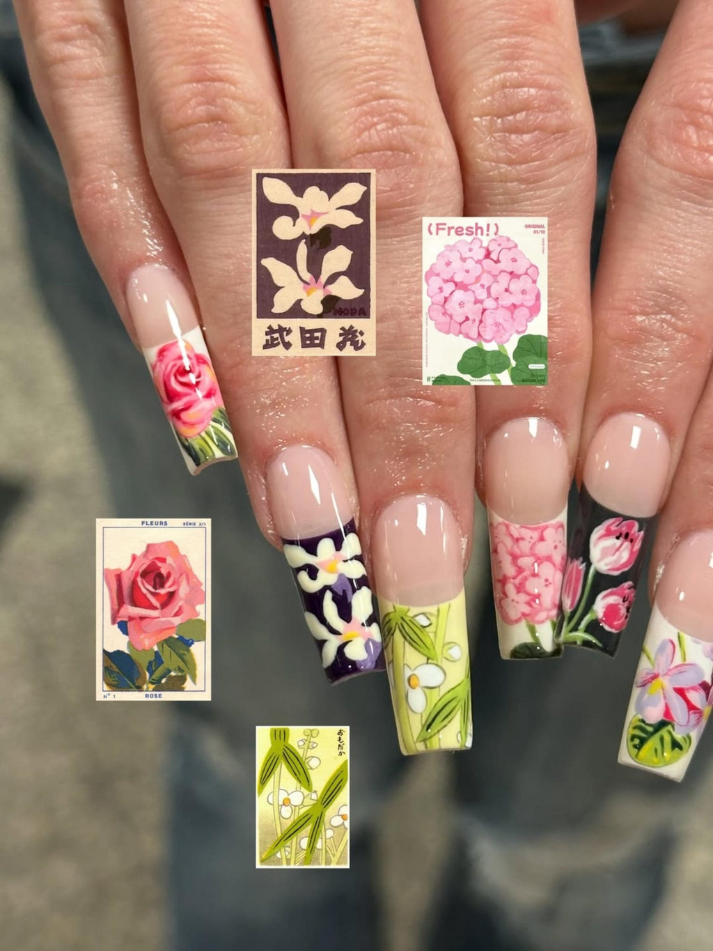Handmade Vintage Botanical Press On Nails, Japanese Floral Garden Fake Nails, Unique Retro