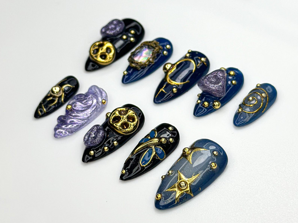 Cosmic Galaxy Press On Nails Celestial Moon Star Nail Art Dark Blue & Gold Mystical Nails Opal Constellation Nail Design OC860H