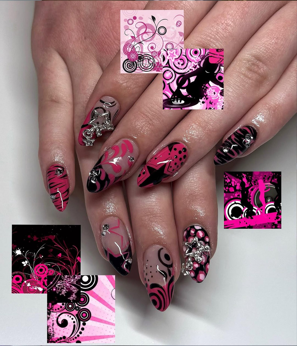 Y2K Hot Pink Press On Nails Retro Pop Art Nail Set Black & Pink Graphic Nails with Star Charms Y2K Vibes Acrylic Press Ons OC795HK