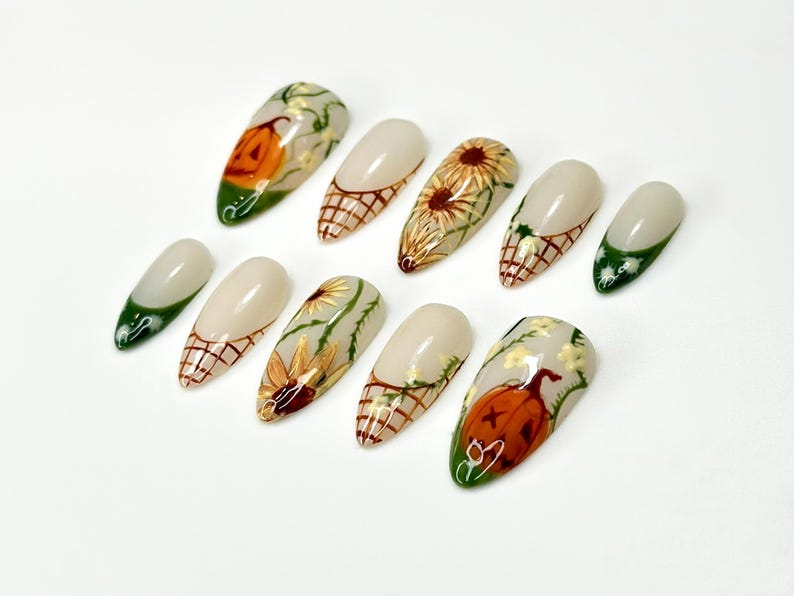 Autumn Pumkin Press On Nails, Pumpkin Sunflower Nail Art, Fall Rustic Farm Nails, Handmade