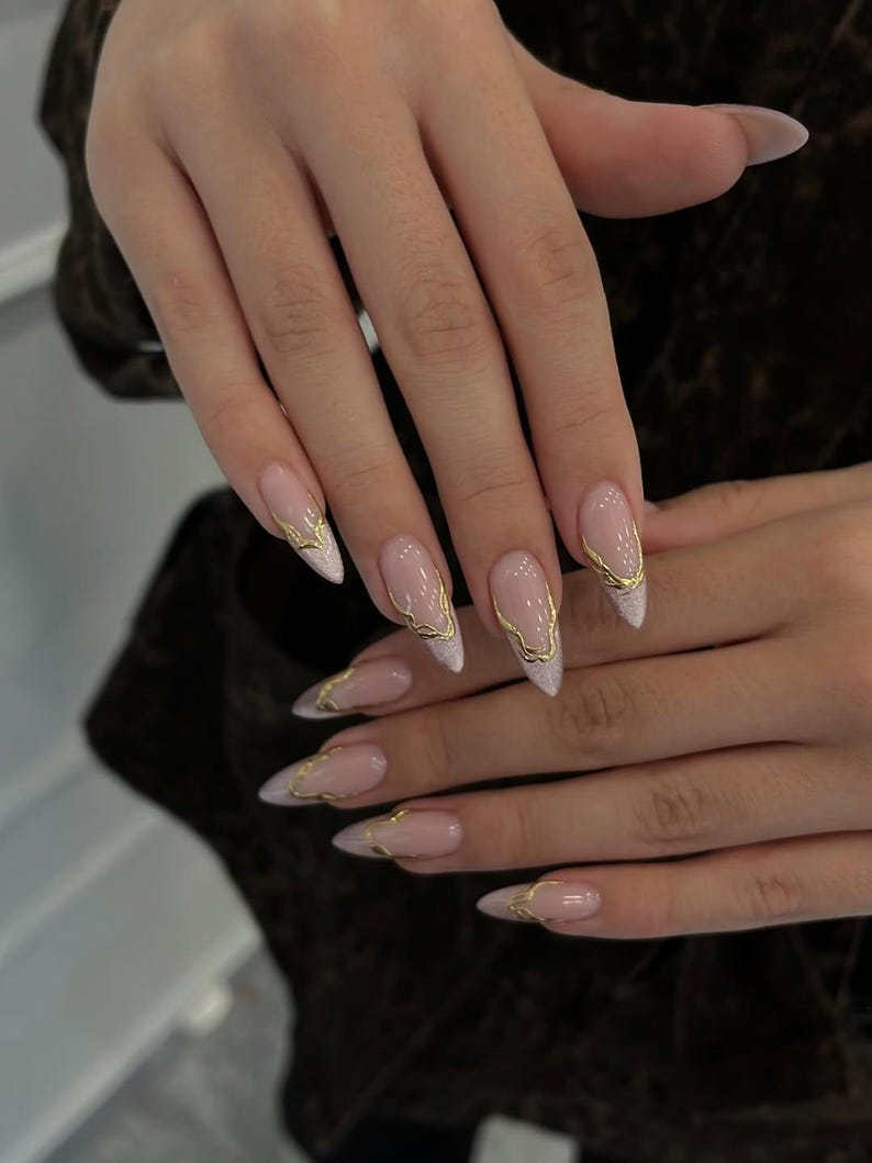 Rose Gold French Press On Nails Nude Pink Luxury Nails Gold Chain French Tips Elegant Minimal Nail Art Chic Press Ons
