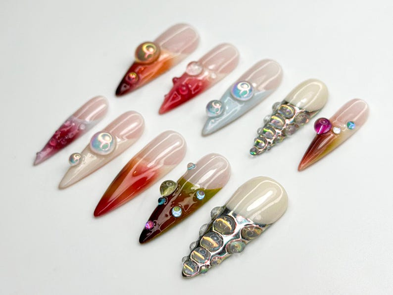 Iridescent Gradient Bubble Press On Nails Glassy Chrome Pearl Accents Color Fade Stiletto Nails Chrome Bubble Nail Art