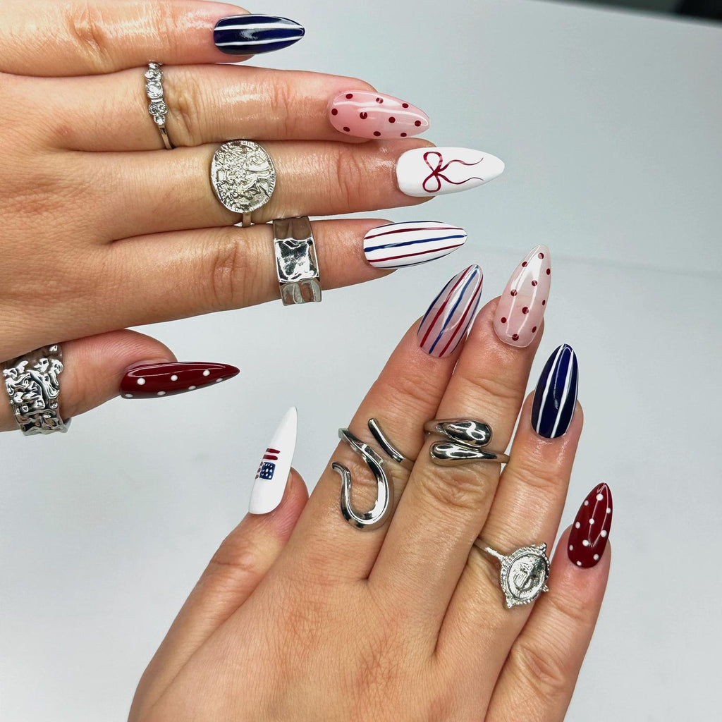 4th of July Press On Nails, Red White Blue Coquette Nails, Patriotic Almond Nails, USA