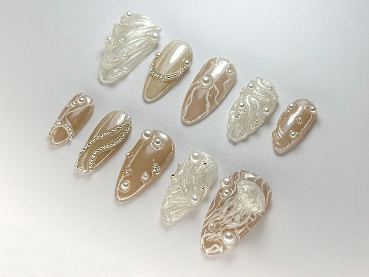 3D Pearl Jellyfish Press-On Nails Ocean-Inspired Pearl Nail Set Elegant Nude & Pearl Nail Art Classy Ocean Nail Ocean Theme| OB721HC