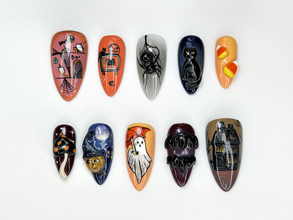 Combo Spooky Halloween Press On Nails 3D Haunted House Nail Art Pumpkin, Ghost & Skull Nails Handmade Creepy Cute Nail Set
