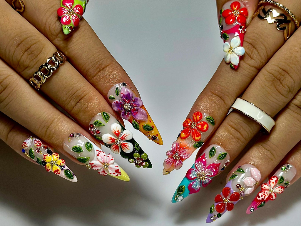 Tropical Garden Explosion Press On Nails 3D Colorful Floral Nail Art Rainbow Gradient Tips with Leaves & Gems