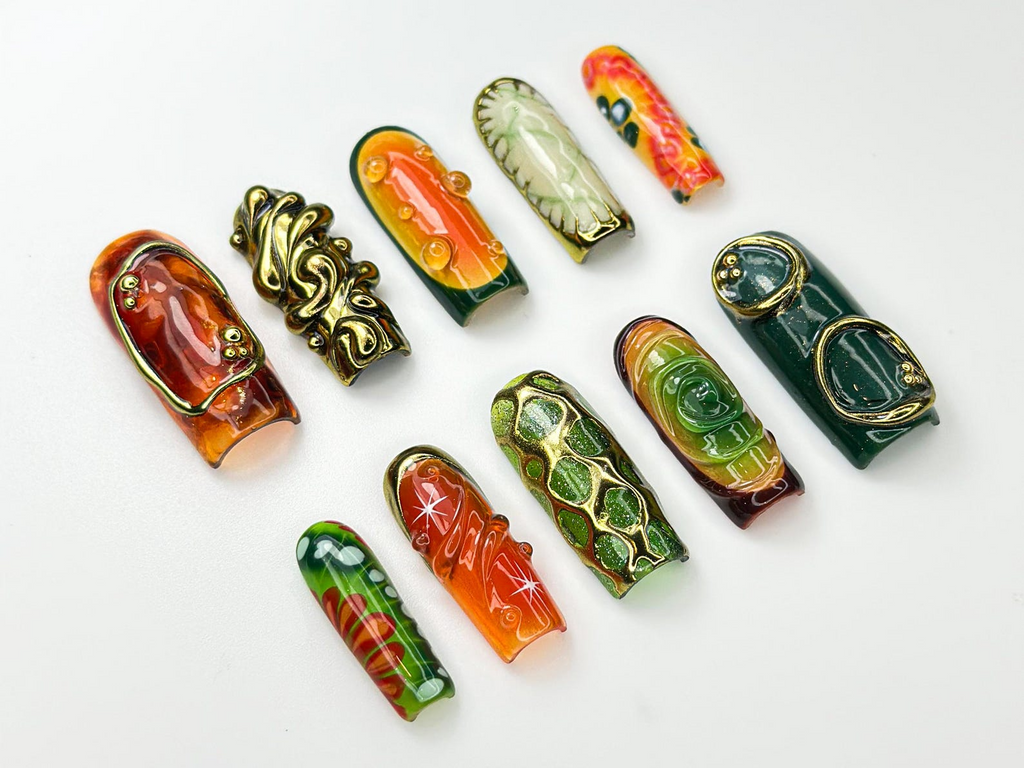 Retro Jungle Luxe Press On Nails 3D Gold Abstract Nail Art Green & Orange Swirl Press Ons Handmade Statement Nails