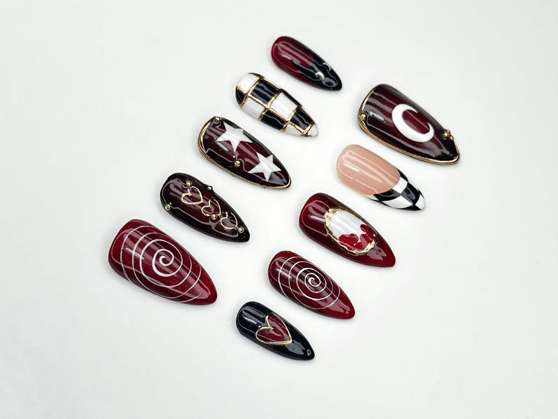 Gothic Carnival Press On Nails Red Black Swirl & Heart Nail Art Checkerboard Gothic Nail Set Handmade Cosplay Nails