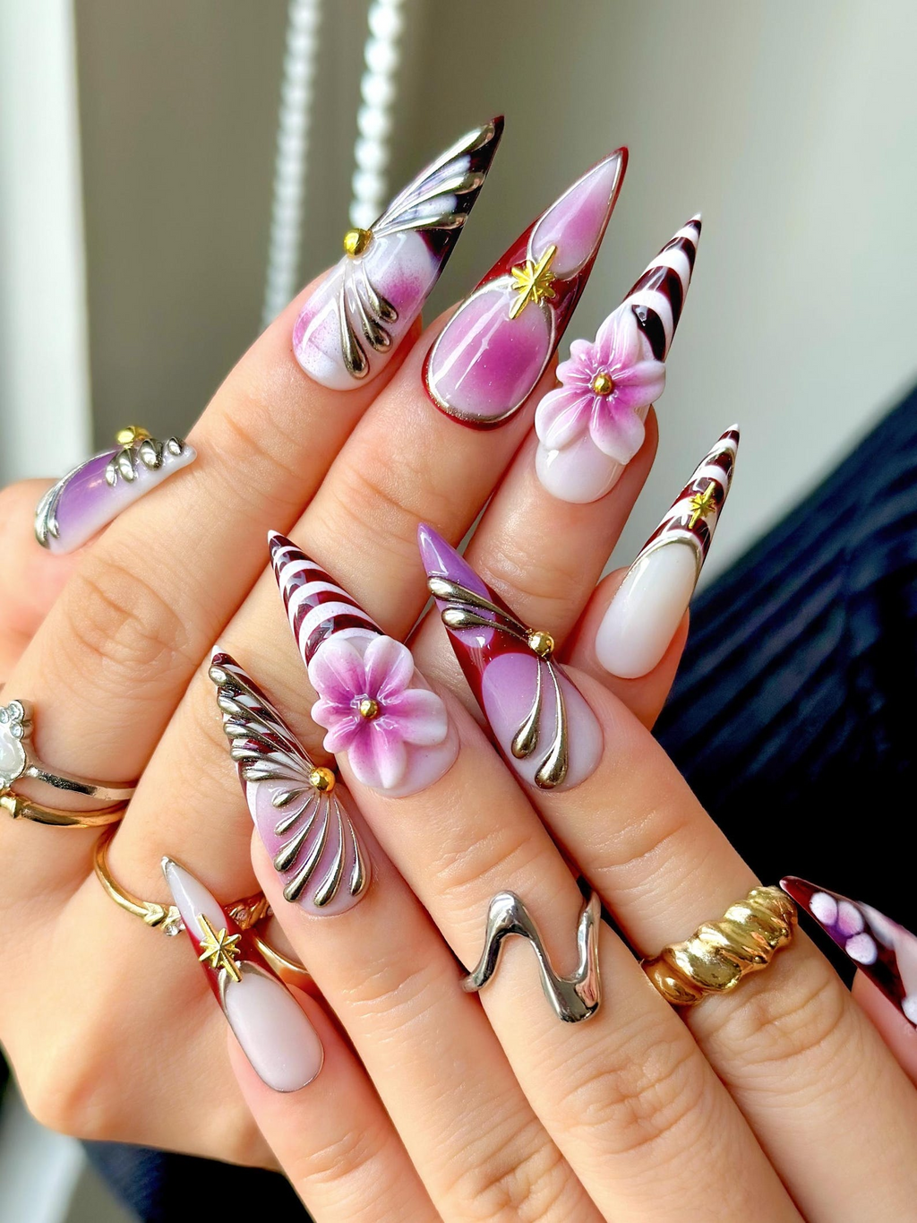 Elegant Violet Floral Press On Nails Purple Chrome Floral Nails| Elegant Holiday Nails Luxury Gradient Press Ons