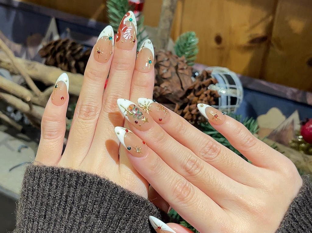 White French Christmas Press On Nails Red Green Gold Holiday Press Ons Christmas Tree & Candy Cane Nails Elegant Winter Nail