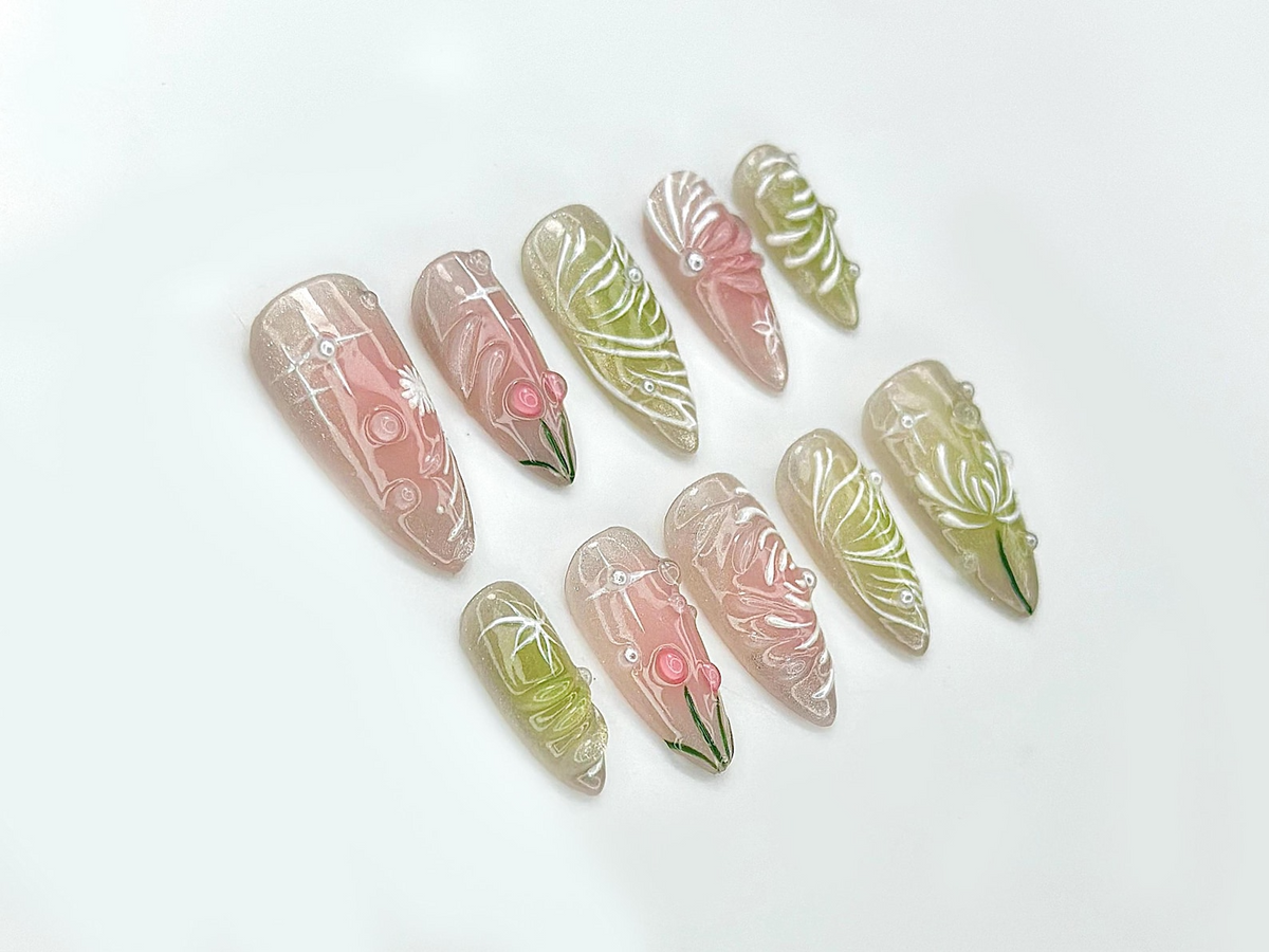 Dewdrop Meadow Press On Nails Pastel Green & Pink Shimmer Hand-Painted Floral Line Art and Crystal Accents