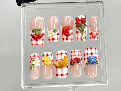 Gingham Picnic Press On Nails 3D Fruit & Floral Nail Art Cherry Strawberry Lemon Press Ons Cottagecore Picnic Fake nails OB944YK