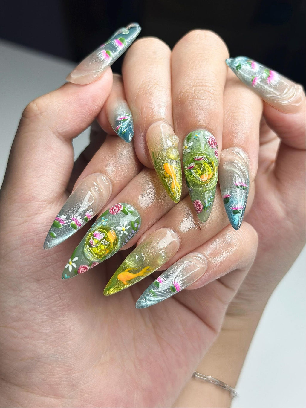 Zen Koi Pond Press On Nails, 3D Lotus Flower & Goldfish Art, Ethereal Ombre Shimmer Nails
