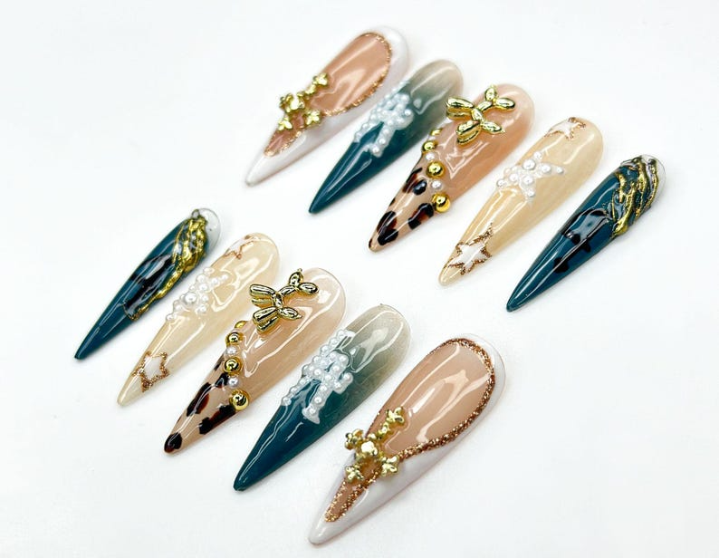 LA Safari Luxe Press On Nails Western Pearl Letter Nails Leopard & Cross Charm Nail Art Glam Cowgirl Vibe Edgy 3D Stiletto Nail Set