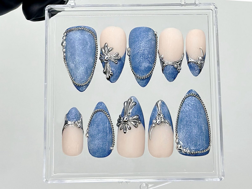 Silver Trim Denim Press On Nails Blue Jean Fake Nails Cowgirl Style Nail Art Western Denim Press Ons Textured Denim Nails