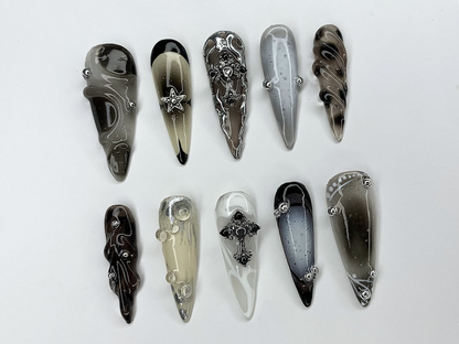 Cool Gothic Press On Nails Luxury Black Silver Jeweled Nail charms Luxurious Chrome and Holiday Nail ArtLong Stiletto Nail Set