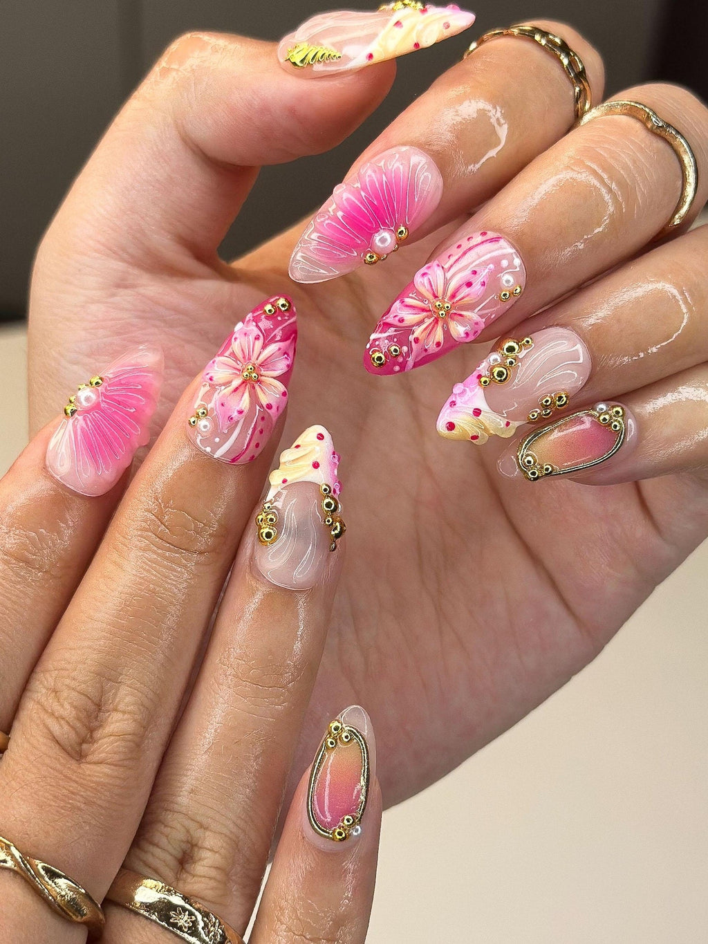 3D Pink Hibiscus & Seashell Nails, Tropical Floral Summer Press Ons, Luxury Gold Studded