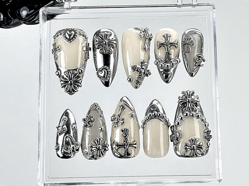 Gothic Chrome Press On Nails Silver Gothic Fake Nails Punk Rock Chrome Nail Art 3D Cross Gothic Press Ons Fashion Nails OB889YK