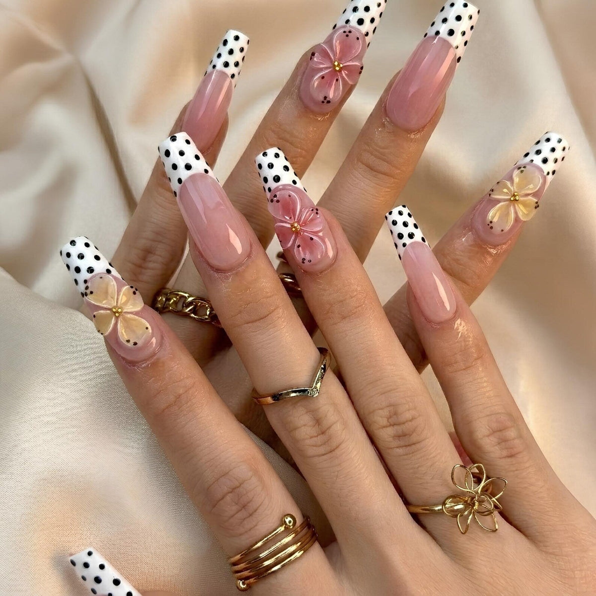 Retro Polka Dot Press On Nails, 3D Floral French Tip, Y2K Pastel Summer Nails, Bold