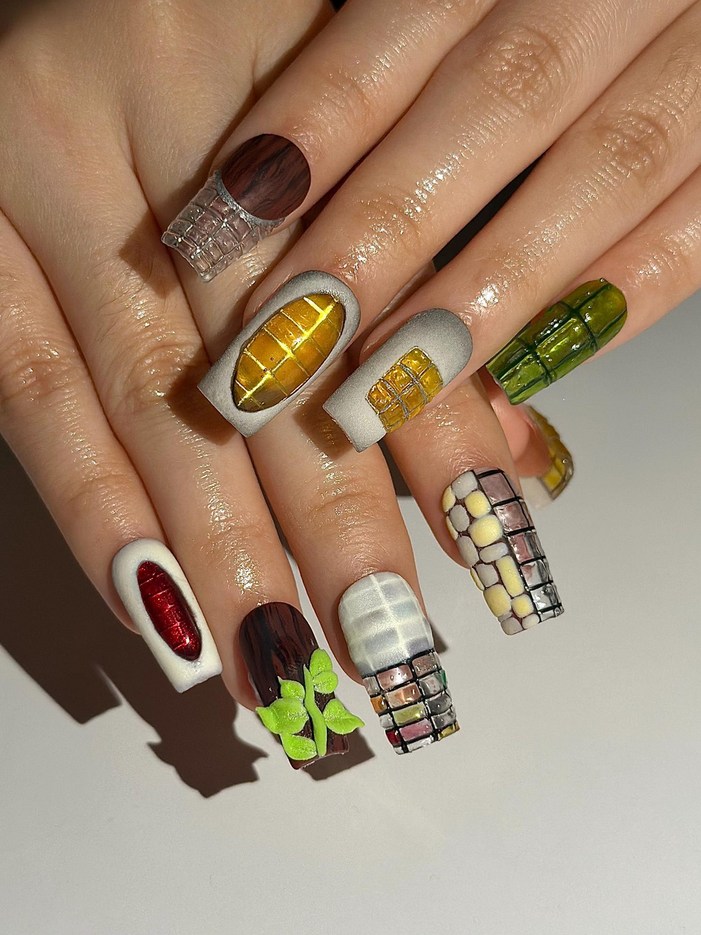 Abstract Texture Press On Nails, Mixed Media Artisan Nails with 3D Foliage, Handcrafted