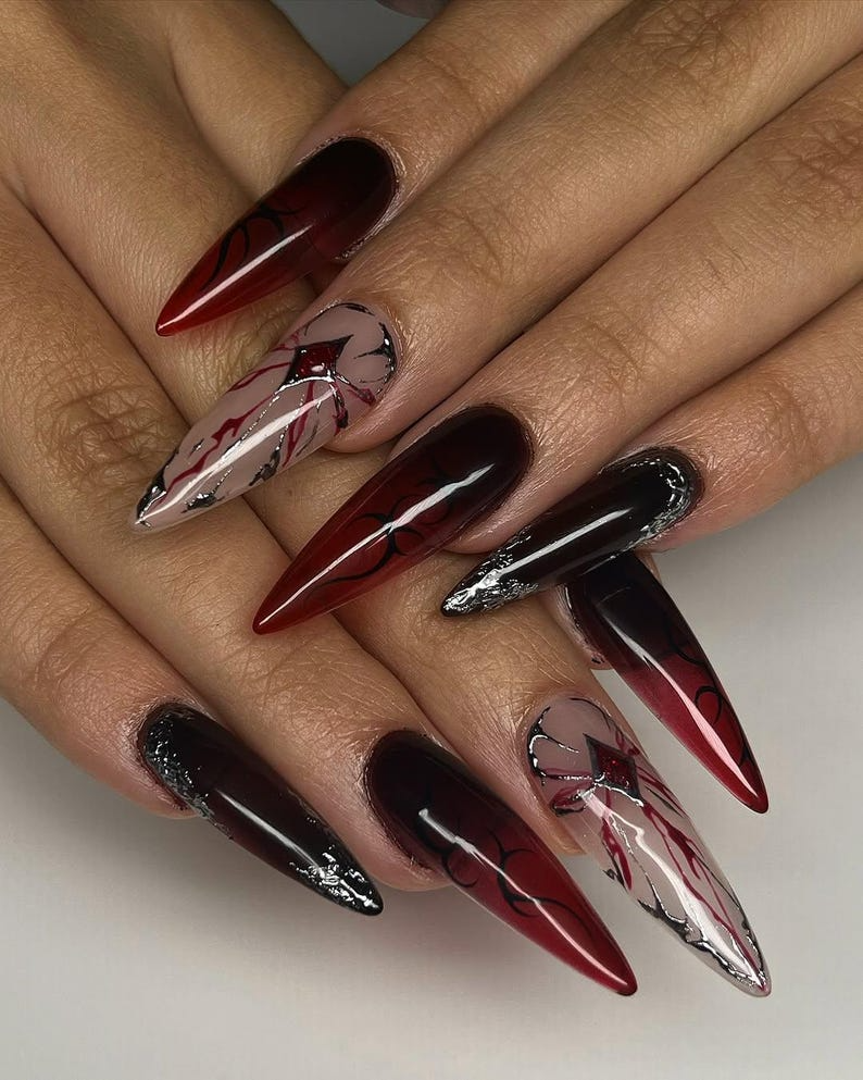 Sylus Love and Deepspace Nail Art, Vampire Romance Claws, Red Vein Gothic Fantasy Nails