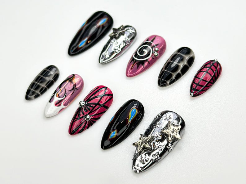 Y2K Black Pink Press On Nails Silver Star Chrome Nails Alt Fire Flame Design Cyber Gothic Press Ons Gothic Glam Nail Set