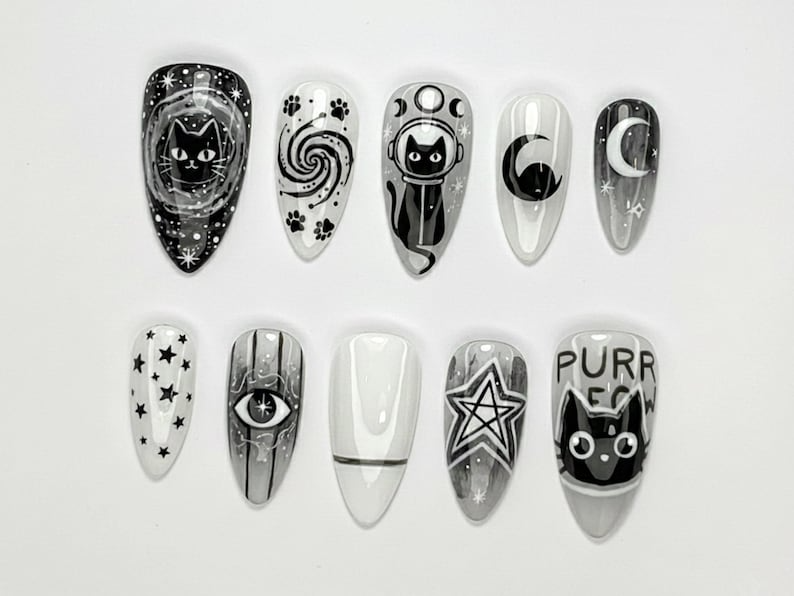 Cosmic Black Cat Press On Nails Gothic Cat Nail Art Moon Star Astrology Nails Witchy Black White Press Ons Mystic Nail Set