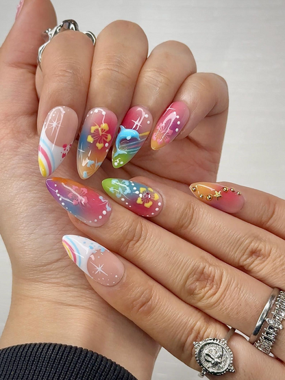 Midnight Sun Press On Nails for Y2K Lovers Sunset Ombre Rainbow Nails with 3D Floral Art