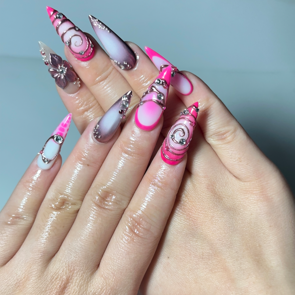 Hot Pink Press On Nails, Luxury Cyber Gyaru Stiletto Nails, 3D Chrome Flower Metallic Fake