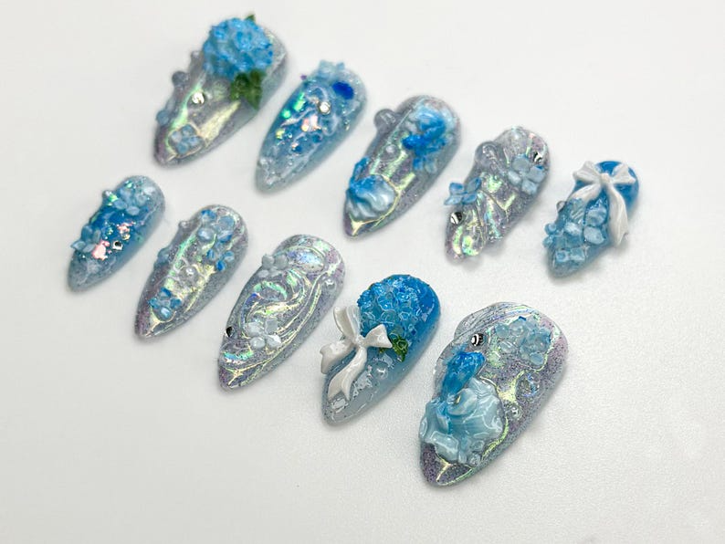 Iridescent Blue Garden Press On Nails 3D Floral Glitter Nails Elegant Blue Press On Nails Handmade Romantic Bridal Set OB774HC